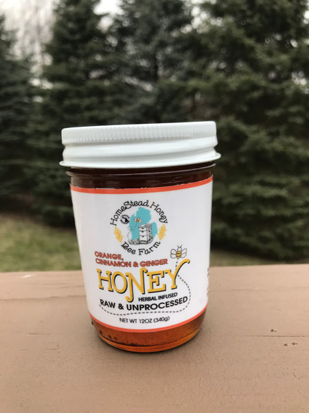 Orange Ceylon Cinnamon Ginger Honey Local Michigan Raw Unprocessed Honey Herbal Infused 12 oz 340g
